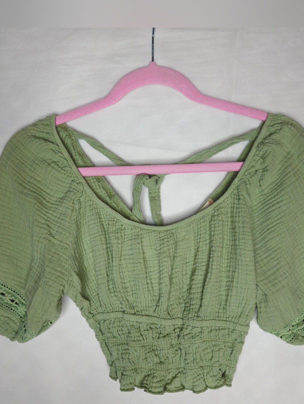 Alter'd State Sage  Green Women's Smocked Crop Top Size M Textured Cotton